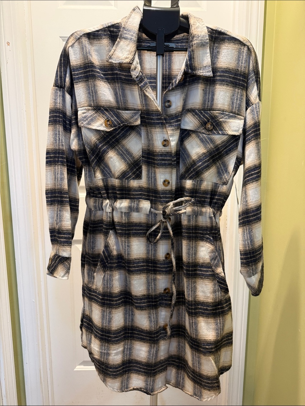 Ciso Plaid Shirt Dress in Black, Cream, and Tan